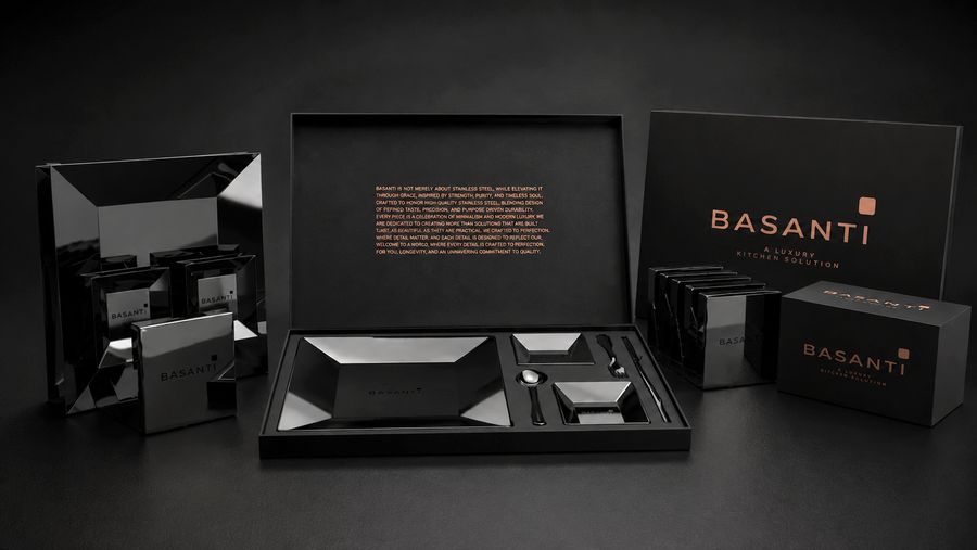 BASANTI Midnight Black Dining Collection - Luxury PVD Titanium Stainless Steel Dinner Set India | BASANTI