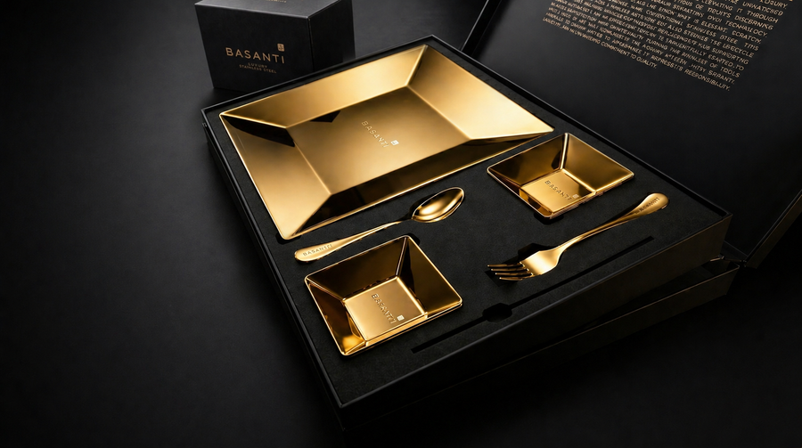 Royal Gold - Luxury PVD Titanium Stainless Steel Dinner Set India | BASANTI